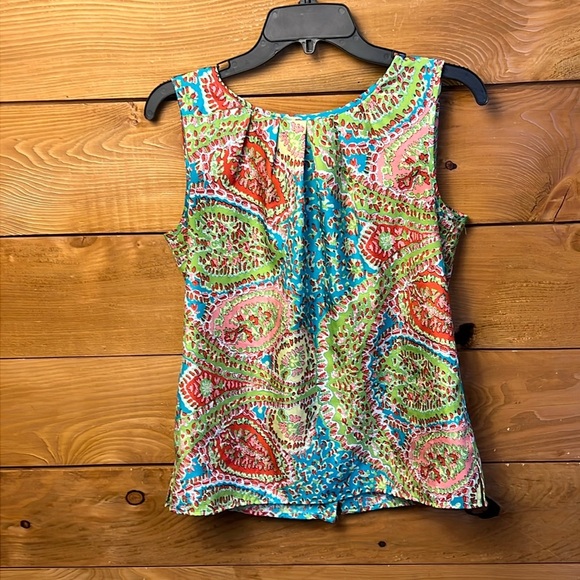 Talbots Women multicolor Paisley Sleeveless Top 4 summer back buttons scoop neck - Picture 1 of 8